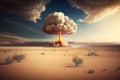 detonation of nuclear bomb in desert, with mushroom cloud rising above the horizon