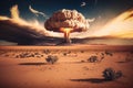 detonation of nuclear bomb in desert, with mushroom cloud rising above the horizon