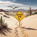 Detour Sign in Dessert with Cactus and Buzzard