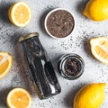 Detox activated charcoal black chia lemon water Royalty Free Stock Photo