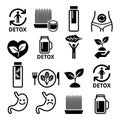 Detox, body cleaning with juices, vegetables or diet icons set