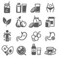 Detox, cleanse bold black silhouette icons set isolated on white. Fruit diet, freshly squeezed juice.