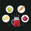 Detox cleanse drink concept, red vegetable smoothie. Carrot, apple, lime and beet mix isolated on black background.