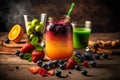 Detox cleanse drink, smoothie in a glass jar with fruits and berries on wooden table. Healthy vegan superfood. AI generated image