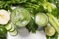 Detox concept. Glass jar of fresh drink green smoothie, spinach Royalty Free Stock Photo