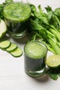 Detox concept. Glass jar of fresh drink green smoothie, spinach Royalty Free Stock Photo