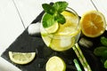 Detox cool drink with ice cubes and fresh lemon