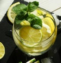 Detox cool drink with ice cubes and fresh lemon