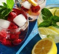 Detox cool drink with ice cubes and fresh raspberries, blueberries and fresh lemon