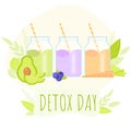 Detox day with vegetables smoothie. Jars with healthy diet juices. Royalty Free Stock Photo