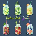 Detox Diet Juices with Fruits Vector Illustration. Royalty Free Stock Photo