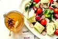 Detox diet with veggie salad and herbal tea Royalty Free Stock Photo