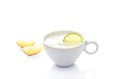 Detox diet, yoghurt in cup with lemon and apple on white background Royalty Free Stock Photo
