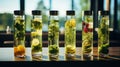 Detox drinks in beautiful jars are on the table against a blurred background. Eco products. Generative AI Royalty Free Stock Photo