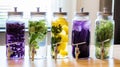 Detox drinks in beautiful jars are on the table against a blurred background. Eco products. Generative AI Royalty Free Stock Photo