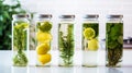 Detox drinks in beautiful jars are on the table against a blurred background. Eco products. Generative AI Royalty Free Stock Photo