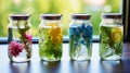 Detox drinks in beautiful jars are on the table against a blurred background. Eco products. Generative AI Royalty Free Stock Photo