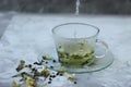 Detox food and drink healfhy lifestyle concept. Glass cup of green tea with jasmine on a gray background. Close