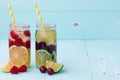 Detox fruit infused flavored water. Refreshing summer homemade cocktail. Clean eating