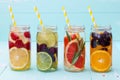 Detox fruit infused flavored water. Refreshing summer homemade cocktail. Clean eating