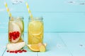 Detox fruit infused flavored water. Refreshing summer homemade cocktail. Clean eating. Copy space. Royalty Free Stock Photo