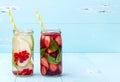 Detox fruit infused flavored water. Refreshing summer homemade cocktail. Clean eating. Copy space. Royalty Free Stock Photo