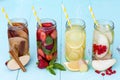 Detox fruit infused flavored water. Refreshing summer homemade cocktail. Clean eating. Copy space. Royalty Free Stock Photo