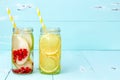 Detox fruit infused flavored water. Refreshing summer homemade cocktail. Clean eating. Copy space. Royalty Free Stock Photo