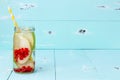 Detox fruit infused flavored water. Refreshing summer homemade cocktail. Clean eating. Copy space. Royalty Free Stock Photo