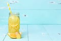 Detox fruit infused flavored water. Refreshing summer homemade cocktail. Clean eating. Copy space. Royalty Free Stock Photo