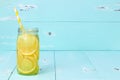 Detox fruit infused flavored water. Refreshing summer homemade cocktail. Clean eating. Copy space. Royalty Free Stock Photo