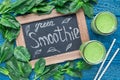 Detox green smoothie with spinach, pineapple, banana and yogurt, top view Royalty Free Stock Photo