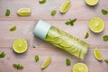 Detox Infused Water with Lime and Mint in Sports Bottle, with slices of lime. Royalty Free Stock Photo