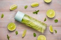 Detox Infused Water with Lime and Mint in Sports Bottle, with slices of lime. Royalty Free Stock Photo