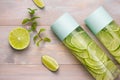 Detox Infused Water with Lime and Mint in Sports Bottle, with slices of lime. Royalty Free Stock Photo