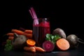 detox juice with beets, carrots, and ginger sitting on sleek black background Royalty Free Stock Photo