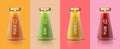 Detox juice bottles. Realistic glass jar mockup template with colorful healthy drinks for branding and advertising