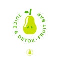 Detox, Juice and Fruit bar logo. Green Pear with cocktail straw and leaf.