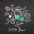 Detox Juice. Vegetables and Mixer. Chalk on Blackboard