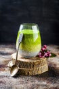 Detox ombre layered matcha green tea chia seed pudding. Vegan dessert with coconut milk. Healthy vegetarian breakfast
