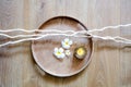 Detox round wooden tray, candle, zen twigs and beautiful flowers Royalty Free Stock Photo