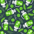 Detox seamless pattern. Green liquid with cucumbers slice in smoothie mug, lime slice, rukkola, lettering Detox on dark