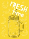 Detox summer juice. Sketch smoothie jar, vegan bar poster template. Yellow bright vector banner with bananas berries and