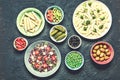 Detox, vegetarian food, broccoli, Manicotti, keno salad, olives, cherry tomatoes, pickles, pickled corn, hot chili pepper Royalty Free Stock Photo