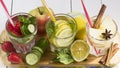 Detox water cocktail Lemon, mint, apple, strawberry, cucumber, cinnamon. Royalty Free Stock Photo