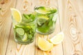 Detox water, fresh organic lemonade with ice, cucumber, lemon an Royalty Free Stock Photo