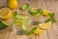 Detox water, fresh organic lemonade with ice, cucumber, lemon an Royalty Free Stock Photo