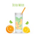 Detox water in glass vector illustration. Refreshing citrus drink, orange, lemon and of lime slices with green mint leaves. Summer