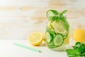Detox water infused with sliced lemon, cucumber and sprigs of mint Royalty Free Stock Photo