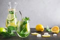 Detox water or lemonade with lemon mint, citrics in glass on wooden table and grey backdrop